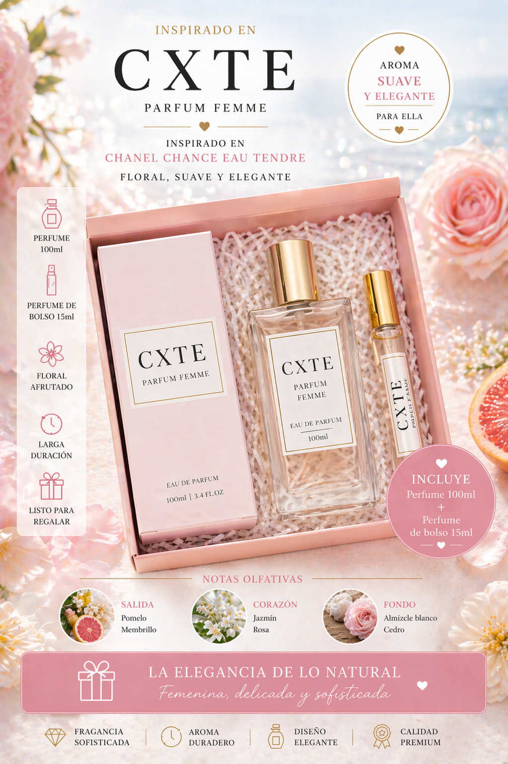 Perfume Mujer CXTE inspirado en Chance Eau Tendre 100ml + 15ml | Suave y elegante