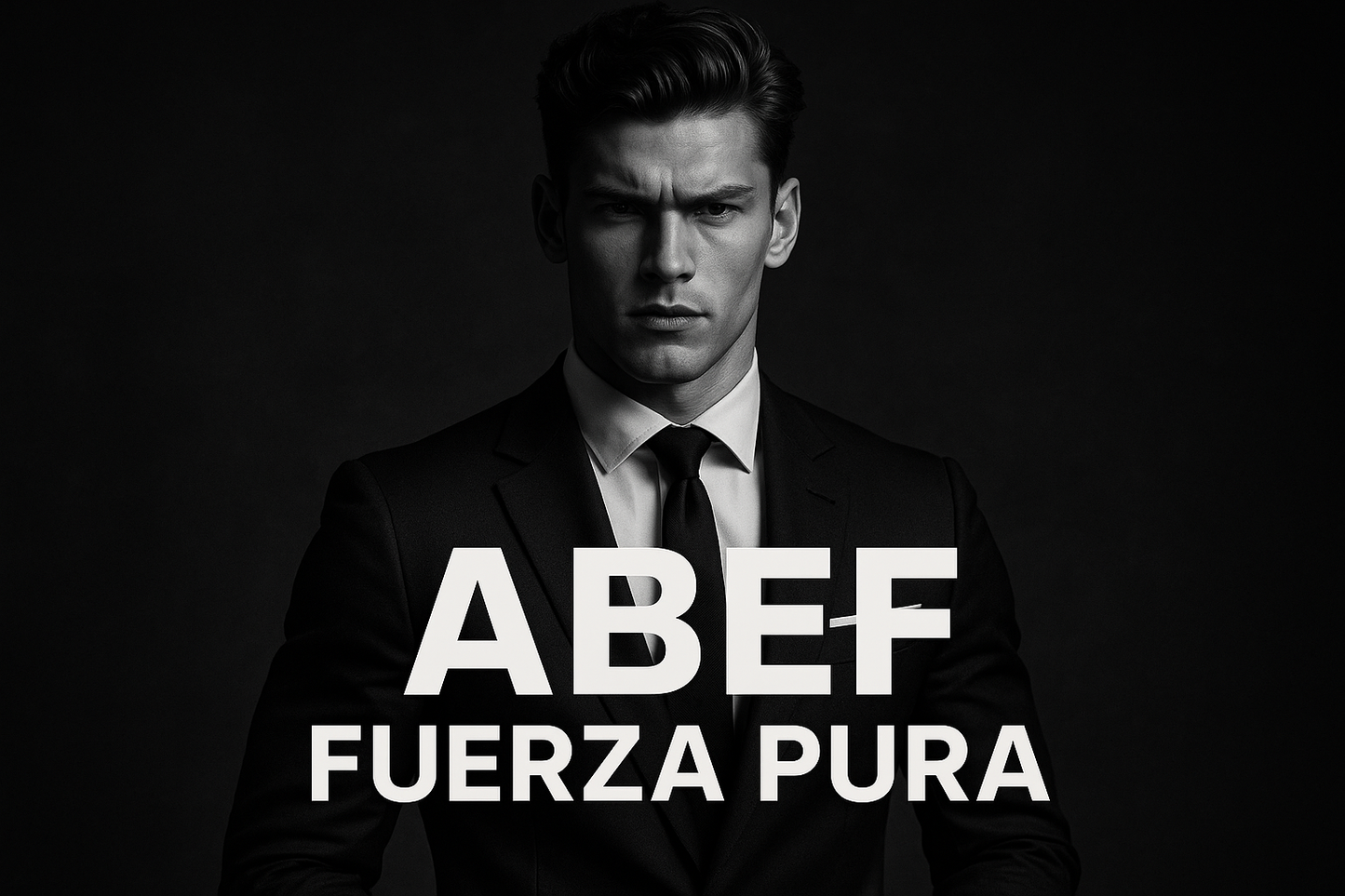 hombre con fuerza pura, joven , elegante, con texto ABEF Fuerza Pura
