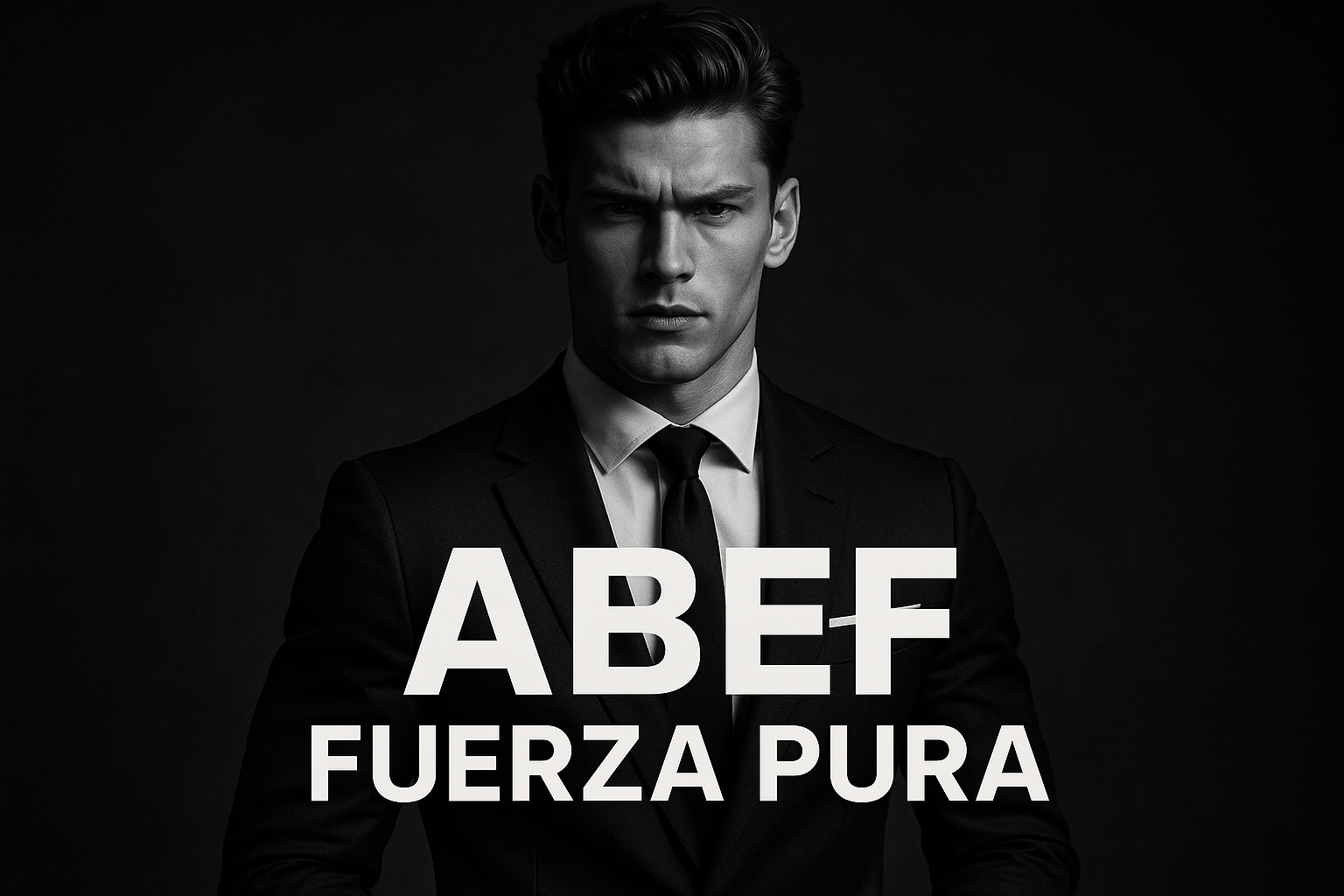 hombre con fuerza pura, joven , elegante, con texto ABEF Fuerza Pura