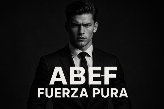 hombre con fuerza pura, joven , elegante, con texto ABEF Fuerza Pura