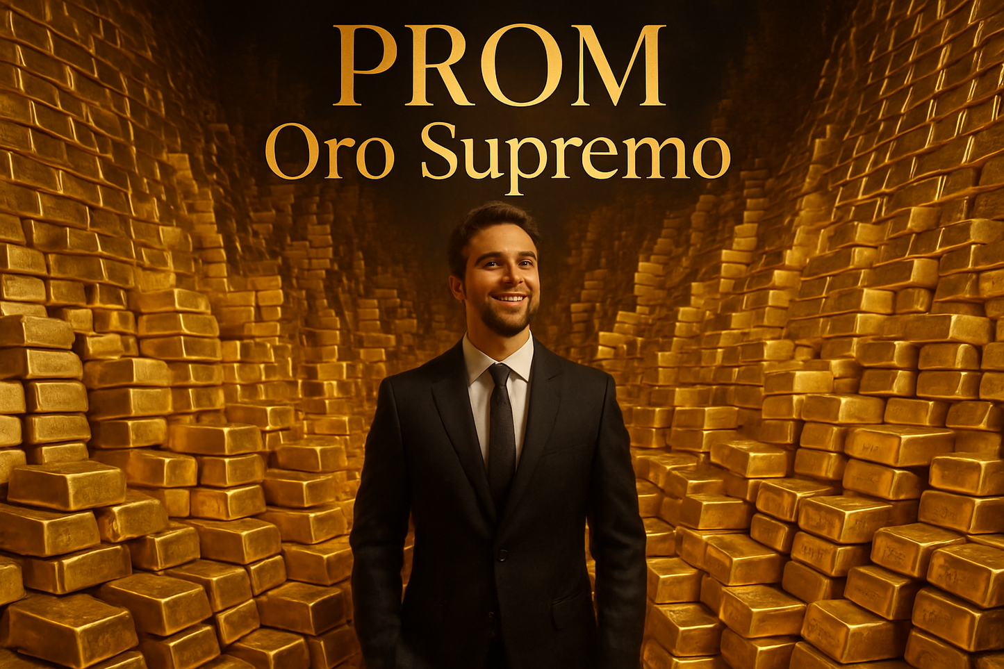 hombre con muchos lingotes de oro supremo, millones, texto PROM Oro Supremo