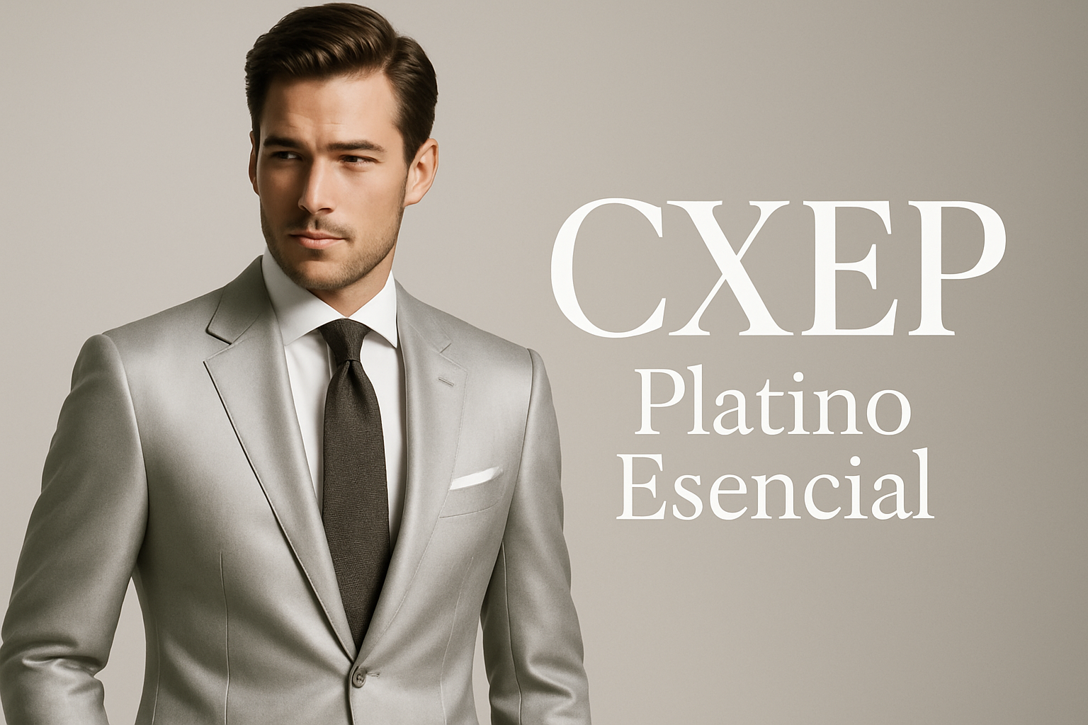 hombre con traje elegante platino esencial con texto CXEP Platino Esencial