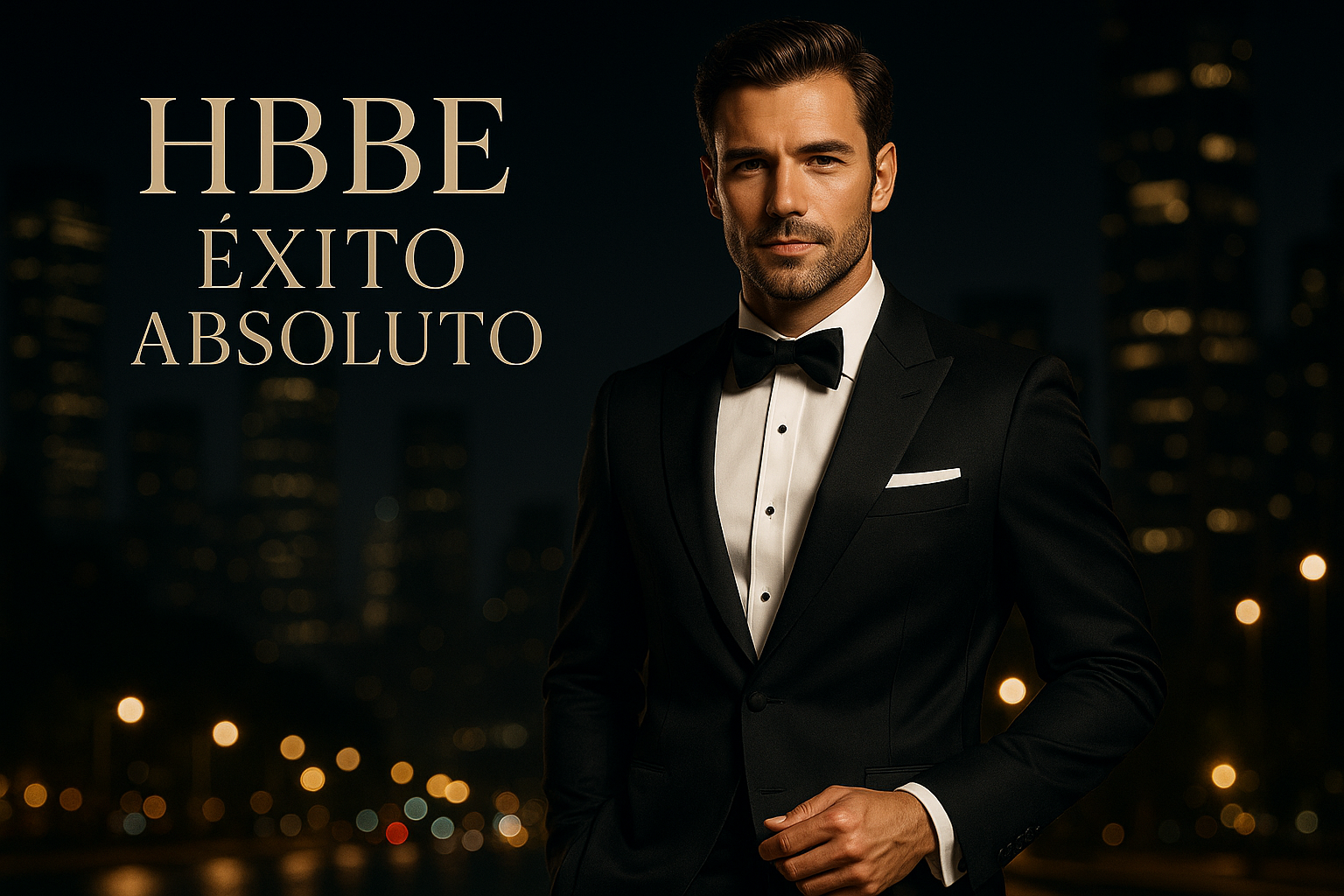 hombre con éxito aboluto, elegante de noche, con texto HBBE Exito Absoluto