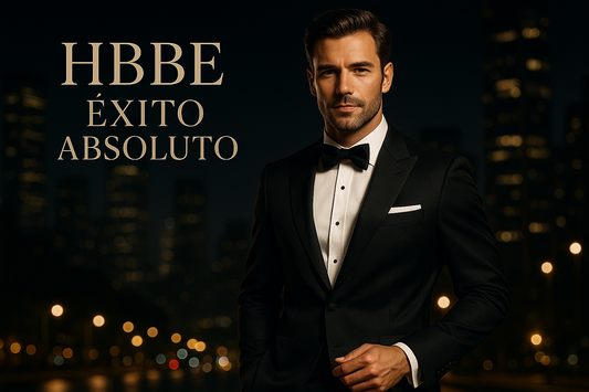 hombre con éxito aboluto, elegante de noche, con texto HBBE Exito Absoluto