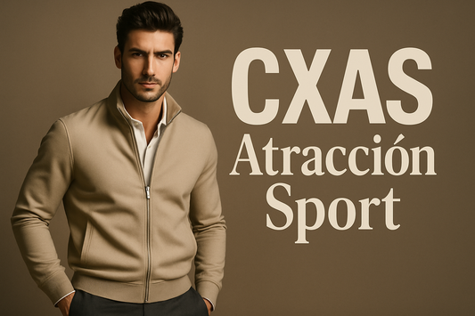 hombre deportivo elegante con mucha atracción, con texto CXAS Atracción Sport