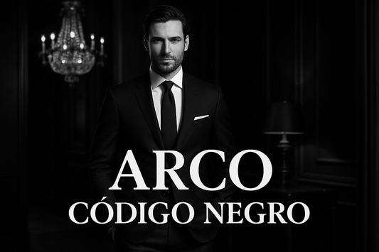 hombre elegante con código negro, texto ARCO Código Negro