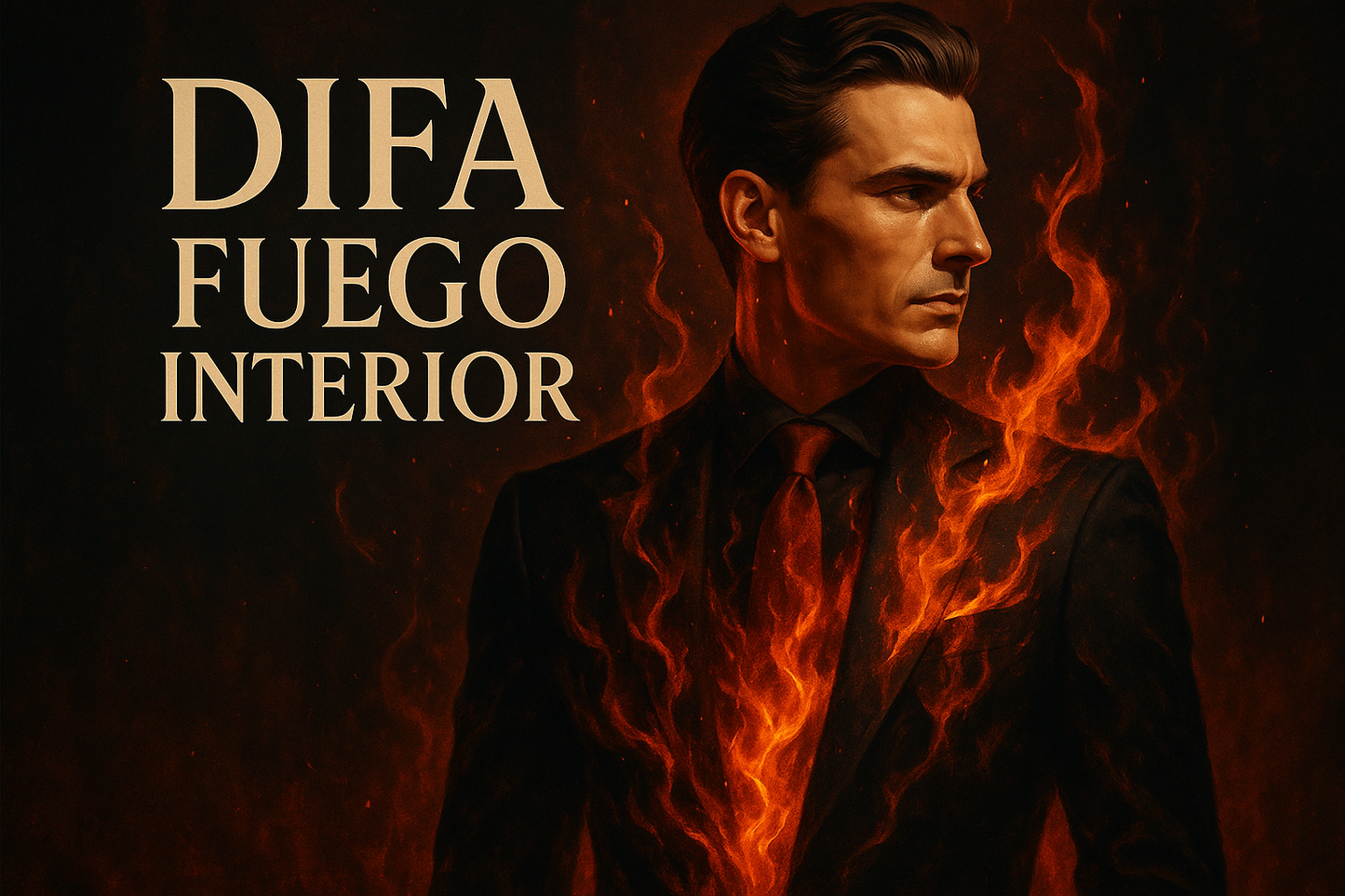 hombre elegante con fuego interior, texto DIFA Fuego Interior