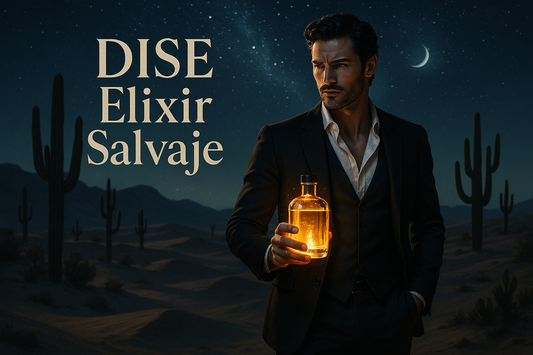 hombre elegante con instinto en el desierto de America de noche pero con elixir, con texto DISE Elixir Salvaje