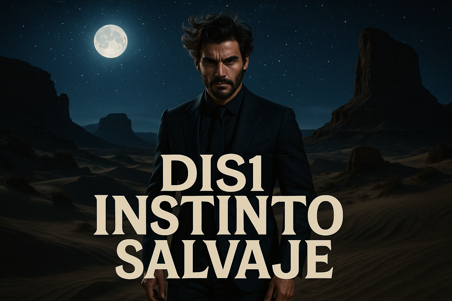 hombre elegante con instinto salvaje en el desierto de America de noche, con texto DIS1 Instinto Salvaje