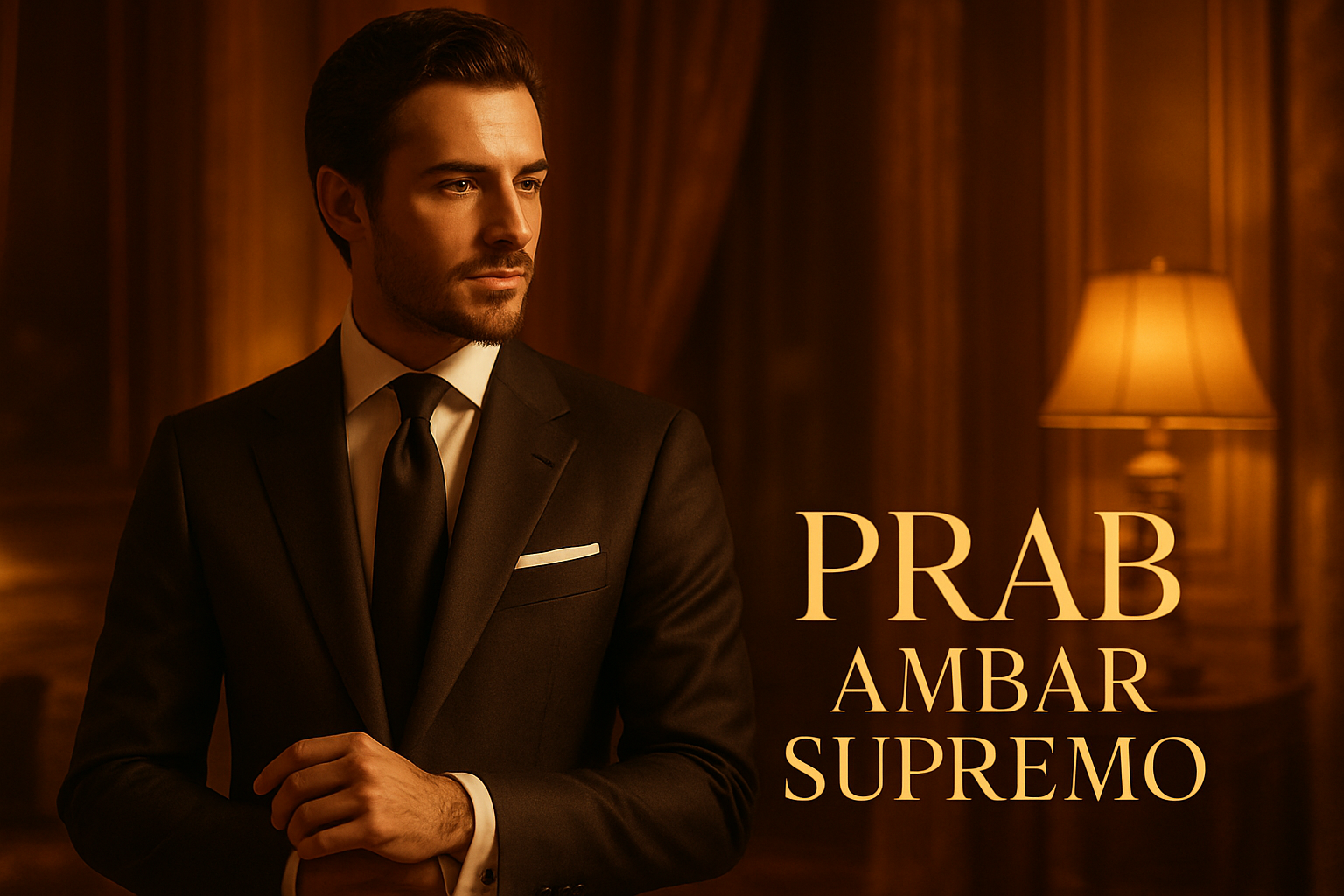 hombre elegante con ámbar supremo texto PRAB Ambar Supremo