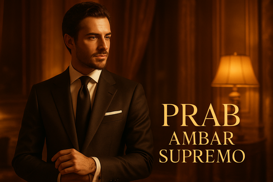 hombre elegante con ámbar supremo texto PRAB Ambar Supremo