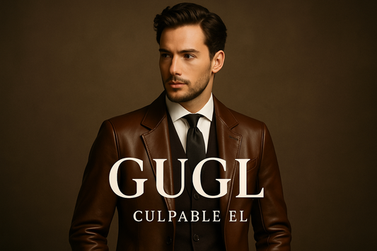 hombre elegante con una mezcla de moderno y clásico, con toques de piel, con nombre GUGL. Culpable El