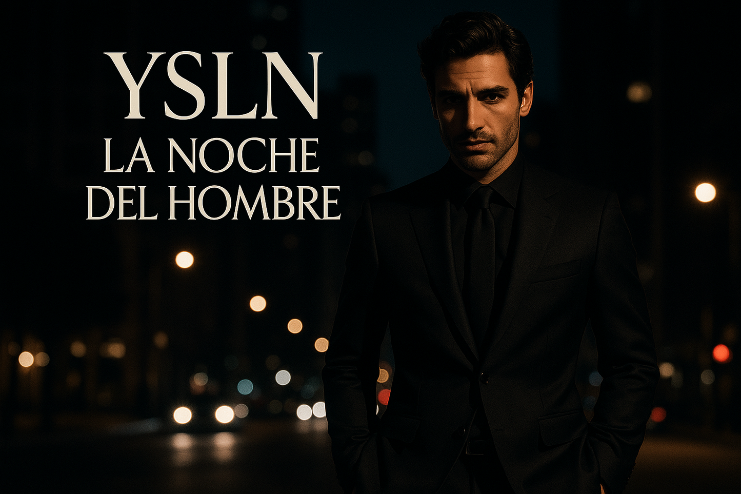 hombre elegante de noche para el perfume de la noche con texto YSLN La Noche del Hombre