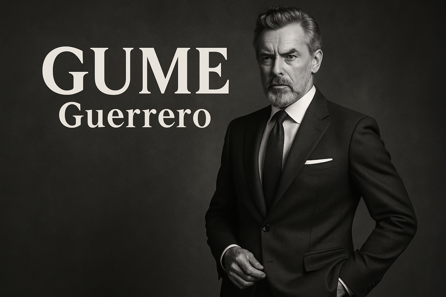 hombre elegante y clásico, con mucha personalidad, con texto GUME Guerrero