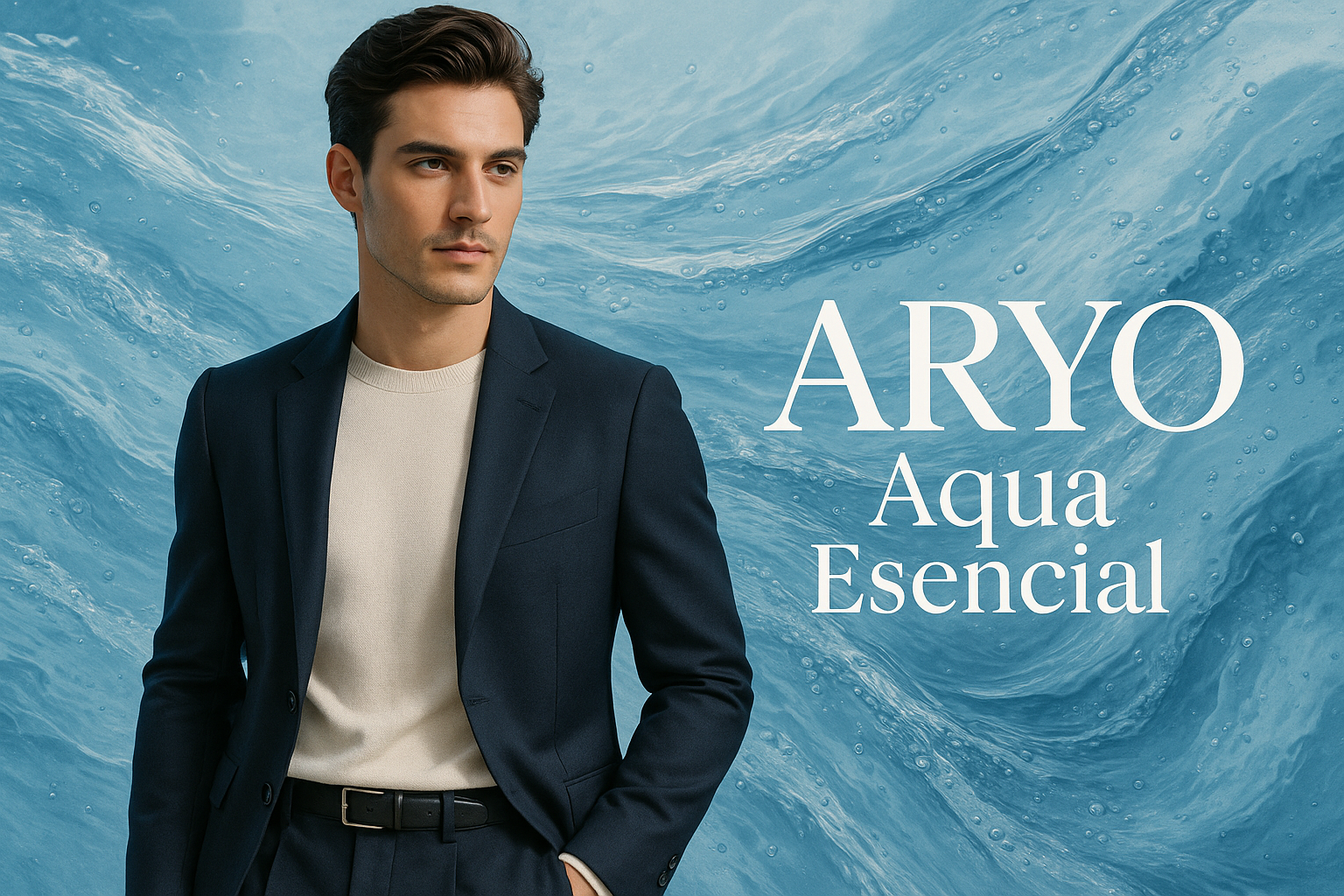 hombre elegante y moderno joven con un fondo de agua esencial con texto ARYO Aqua Esencial