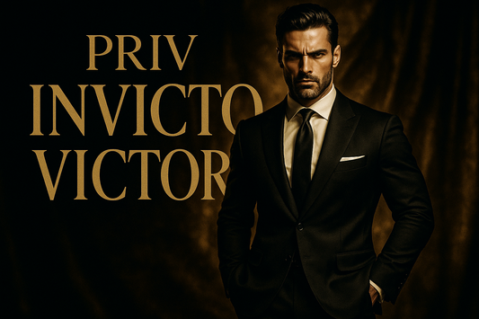 hombre invicto con mucho glamour e intensidad texto PRIV Invicto Victori