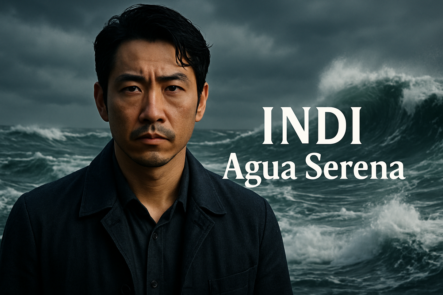 hombre japonés real, con el fondo de un mar embravecido, texto INDI Agua Serena