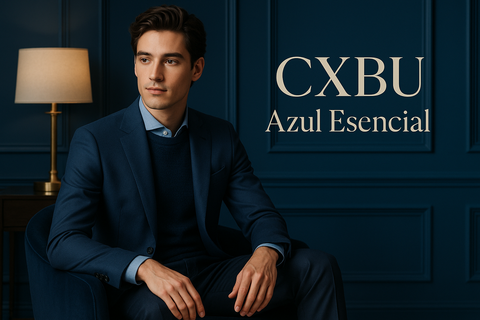 hombre joven elegante, sofisticado con azul esencial , texto CXBU Azul Esencial