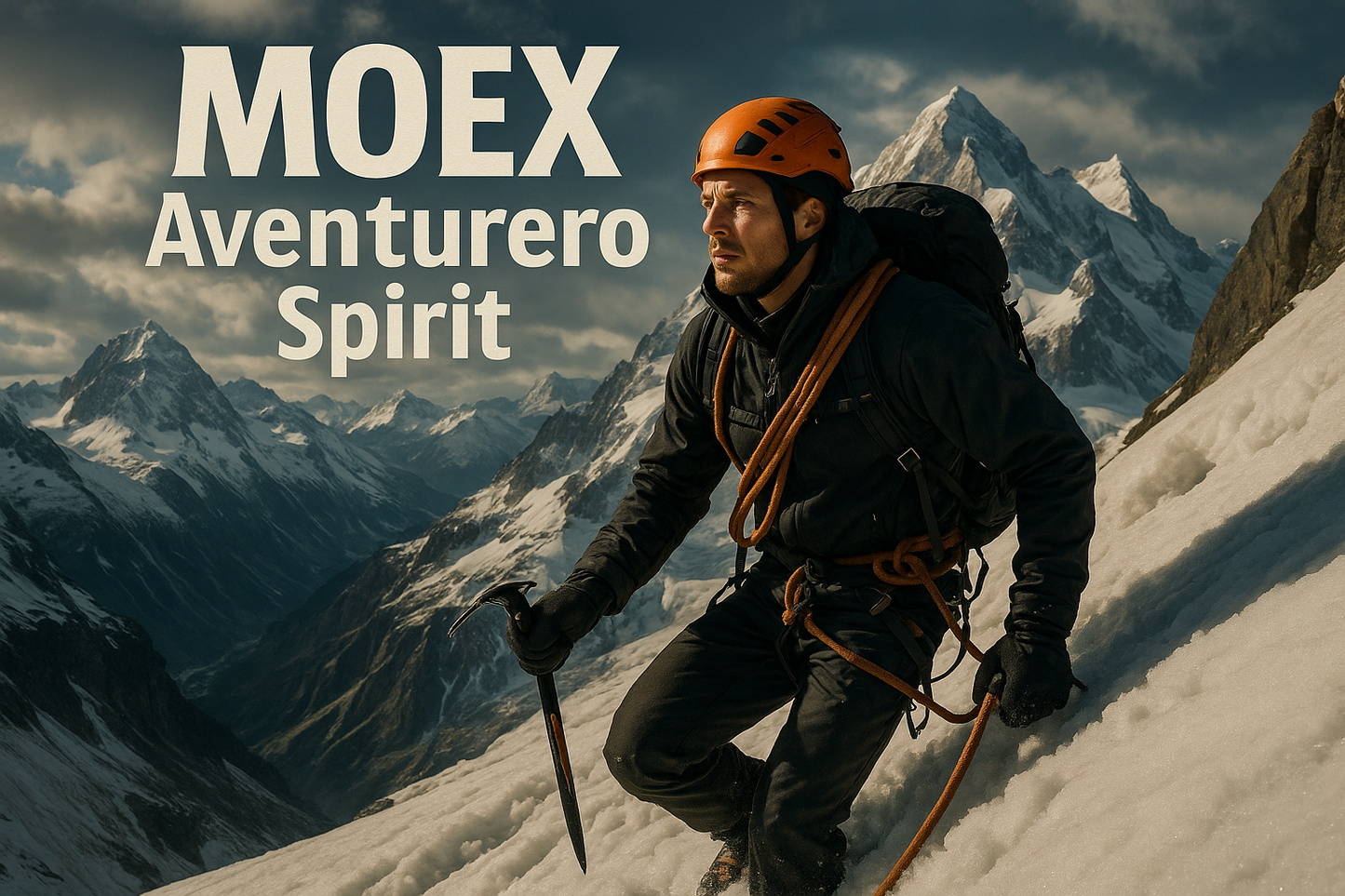 un hombre explorador subiendo el Montblanc con texto que diga MOEX Aventurero Spirit