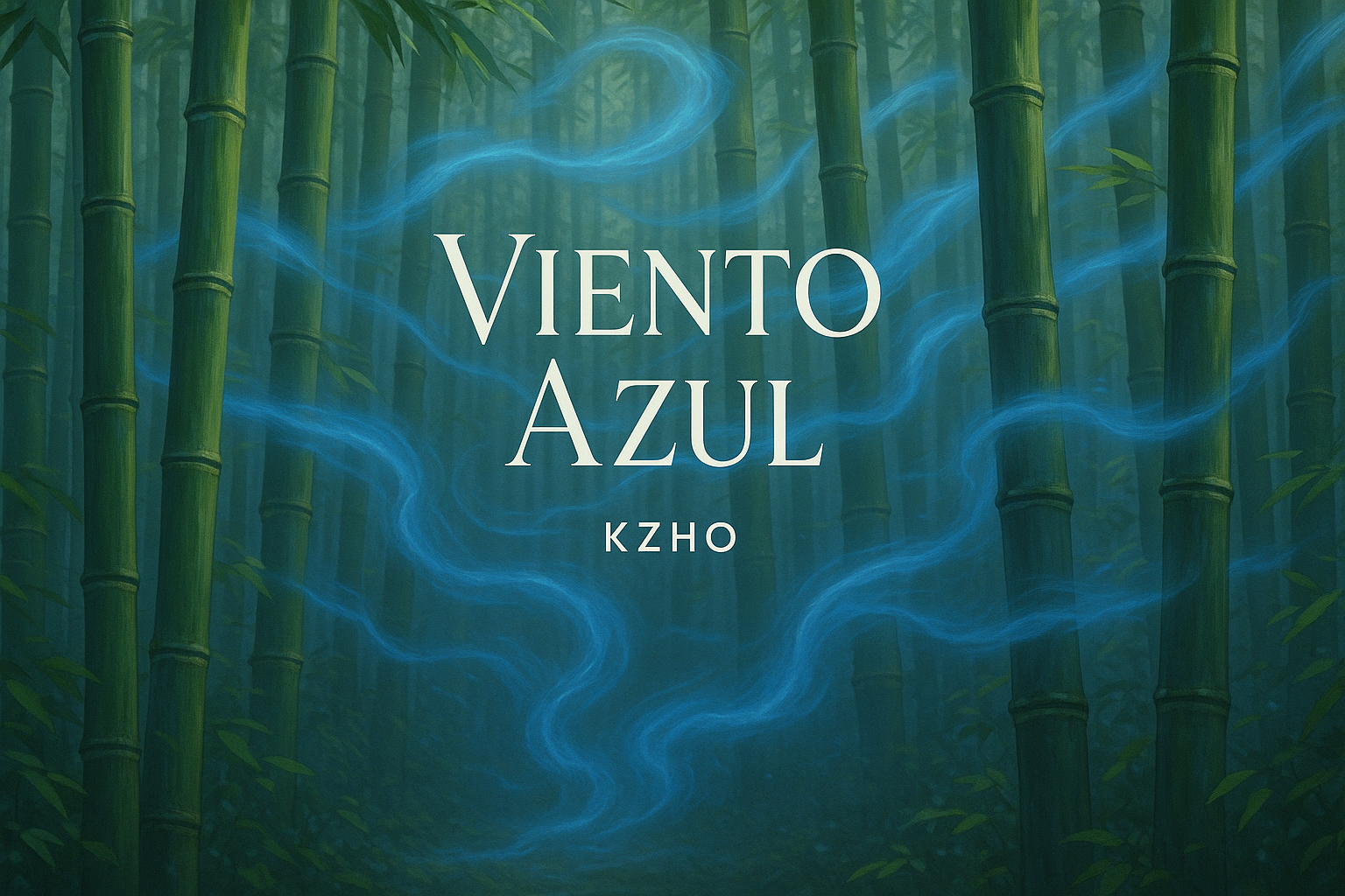 bosque de bambu con un viento azul, texto KZHO Viento Azul