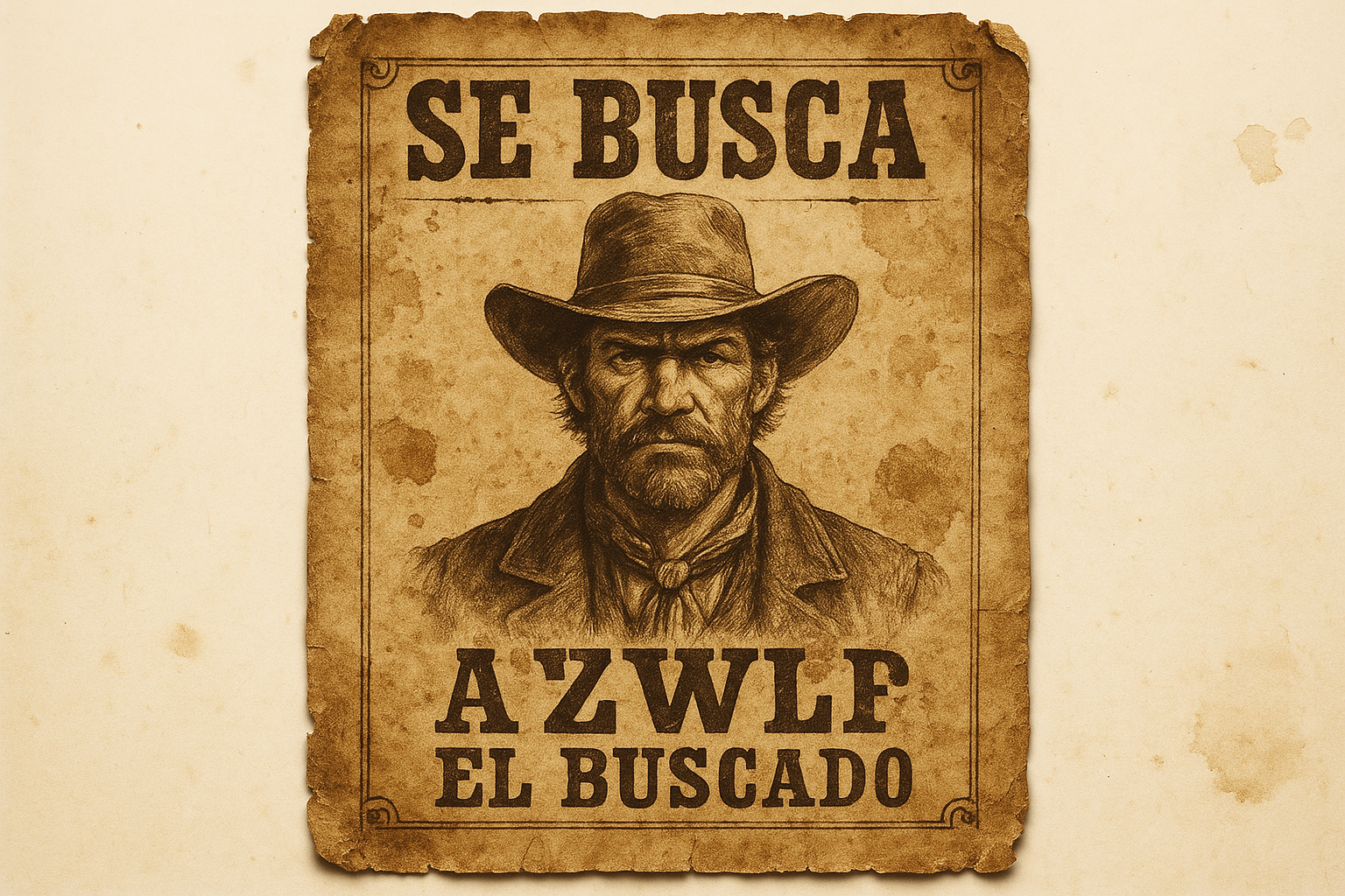 cartel se busca del antiguo oeste con imagen de hombre, texto AZWH El Buscado