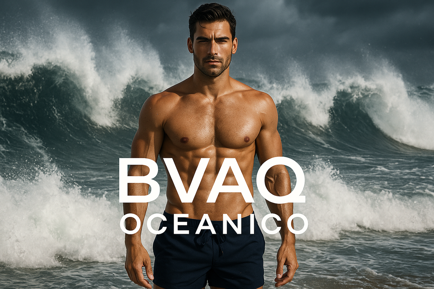 hombre atractivo con bañador con el océano bravo en el fondo con el texto BVAQ Oceanico