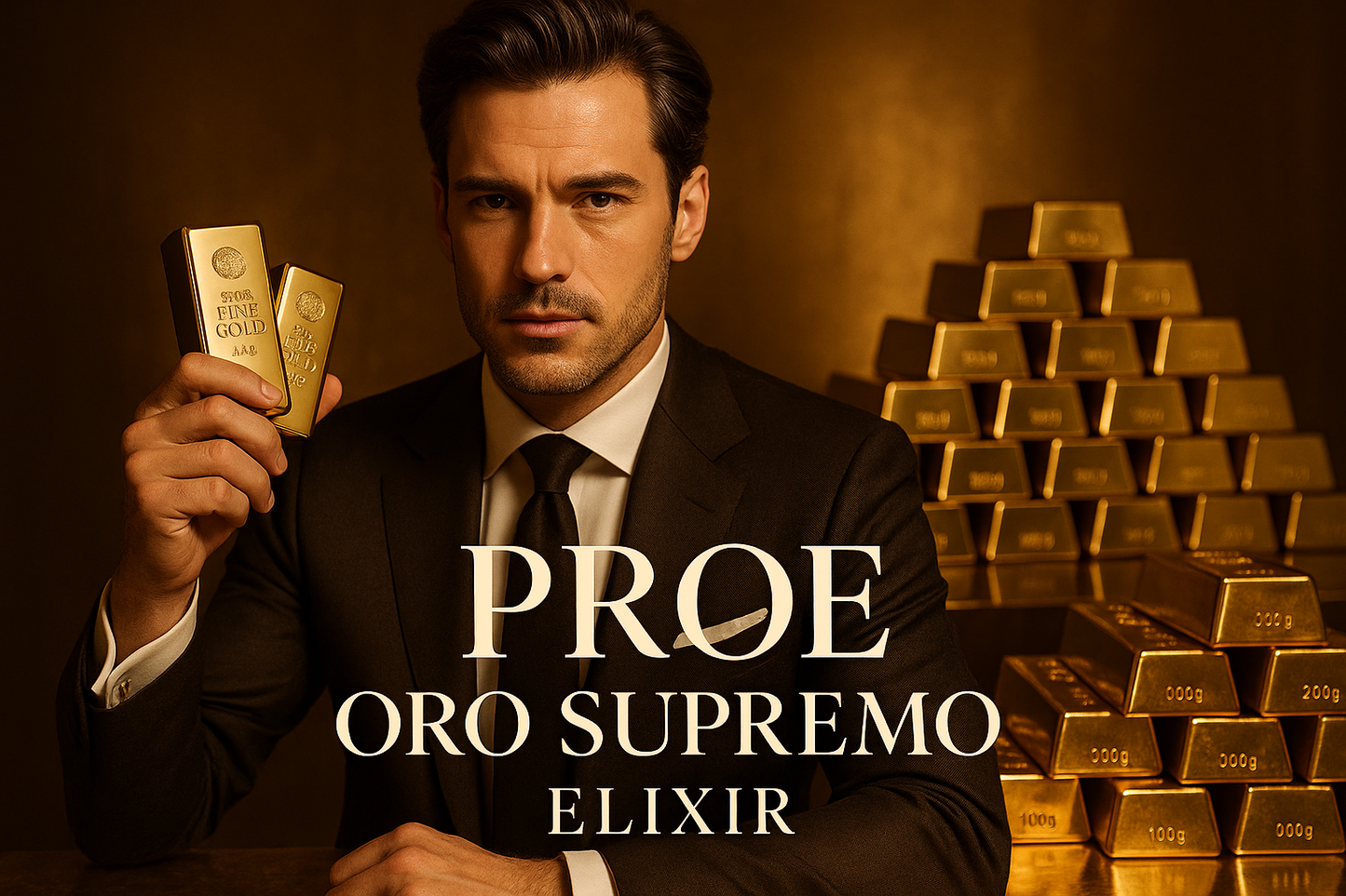 hombre con lingotes de oro supremo, texto  PROE Oro Supremo Elixir