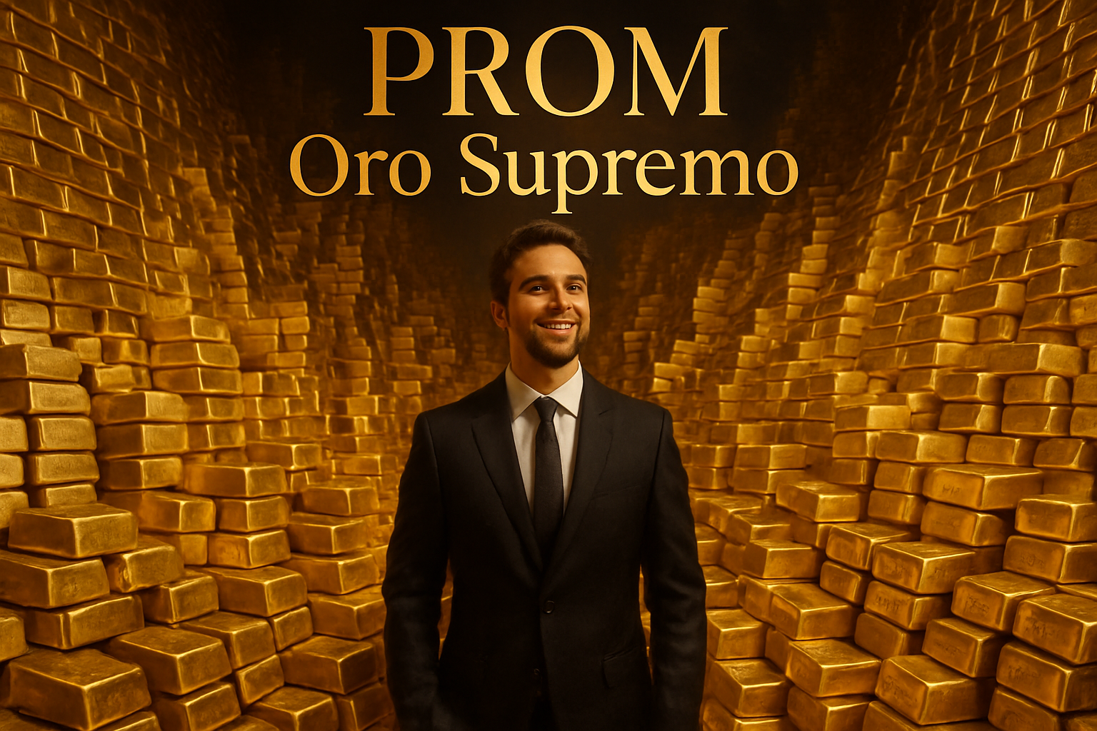 hombre con muchos lingotes de oro supremo, millones, texto PROM Oro Supremo