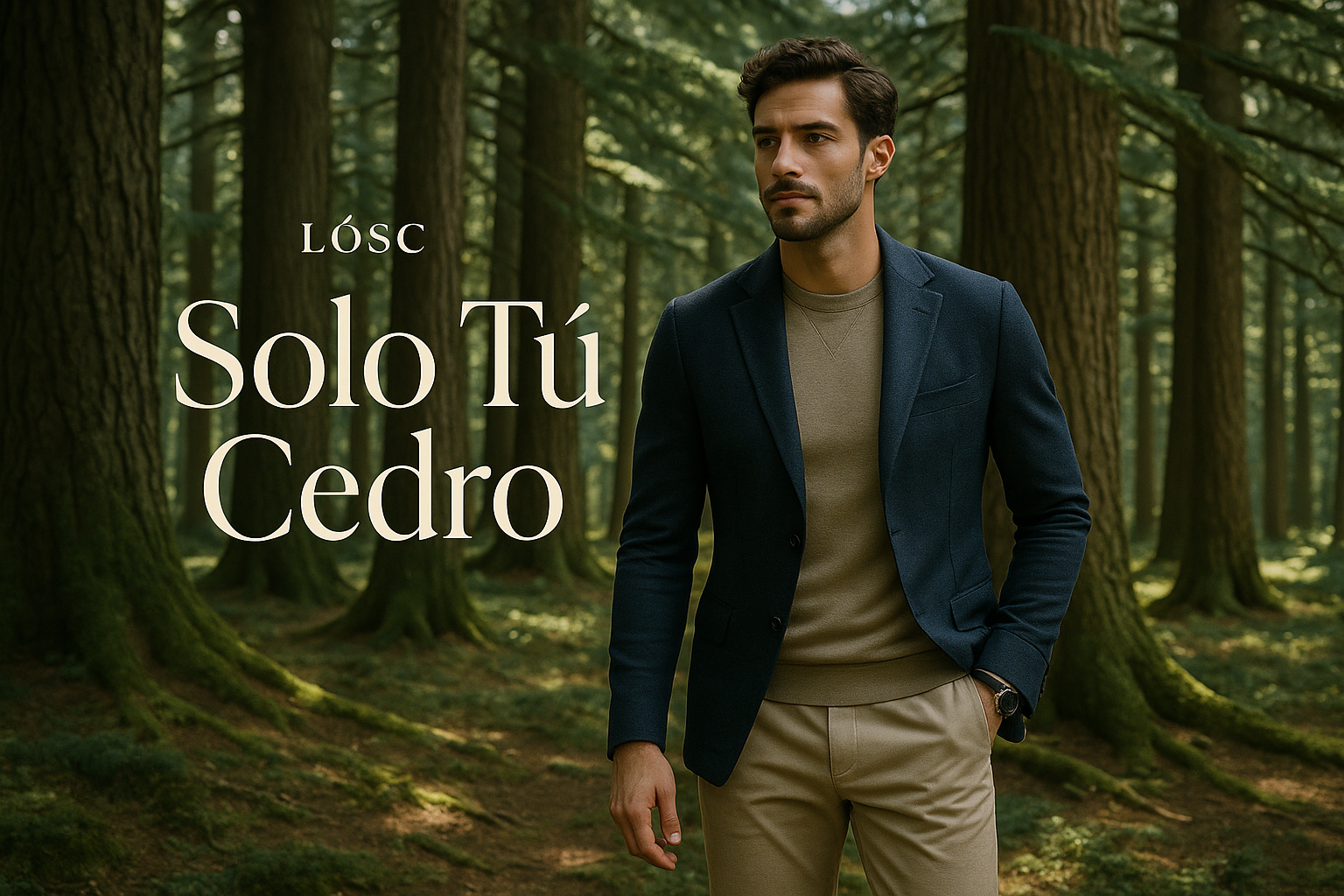 hombre con ropa elegante pero de sport en un bosque de cedros, texto LOSC Solo Tú Cedro