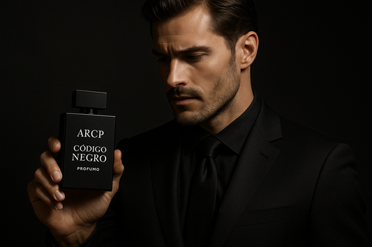 hombre con un código negro elegante Profumo texto ARCP Código Negro Profumo