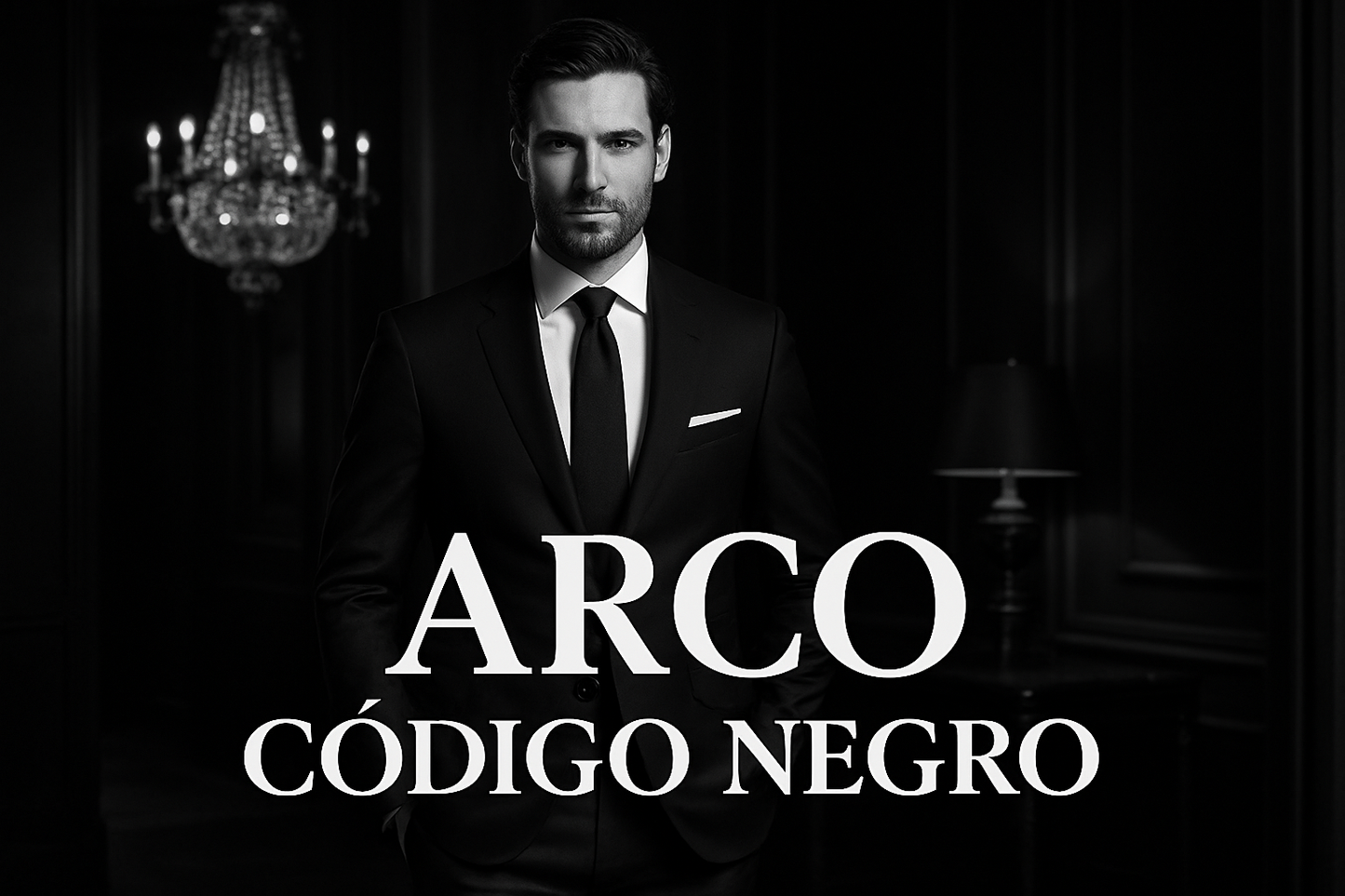 hombre elegante con código negro, texto ARCO Código Negro