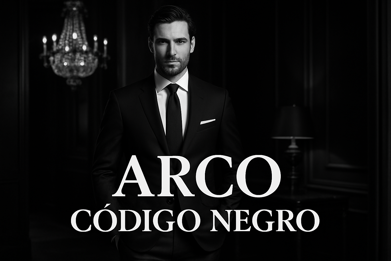 hombre elegante con código negro, texto ARCO Código Negro