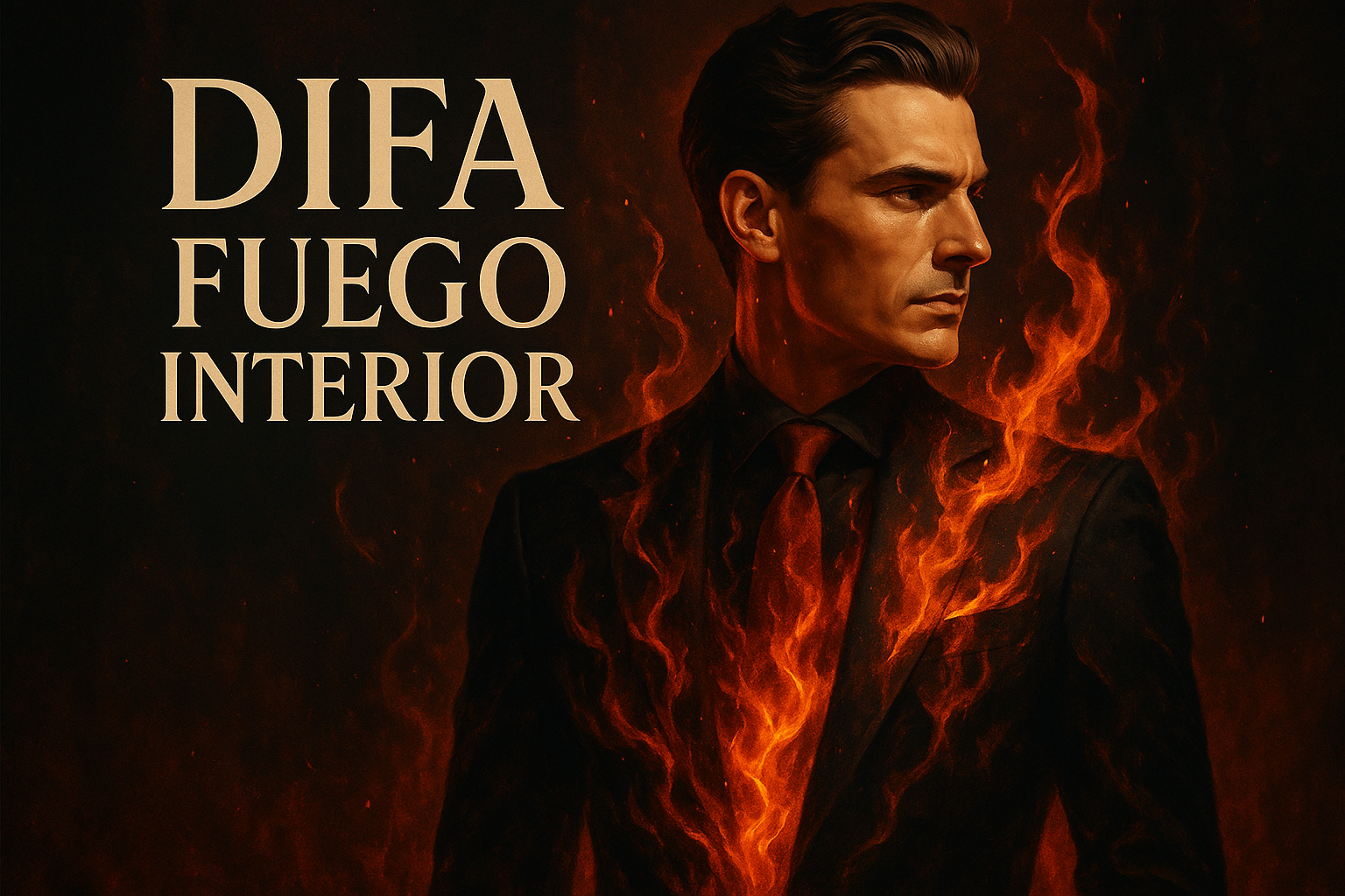 hombre elegante con fuego interior, texto DIFA Fuego Interior