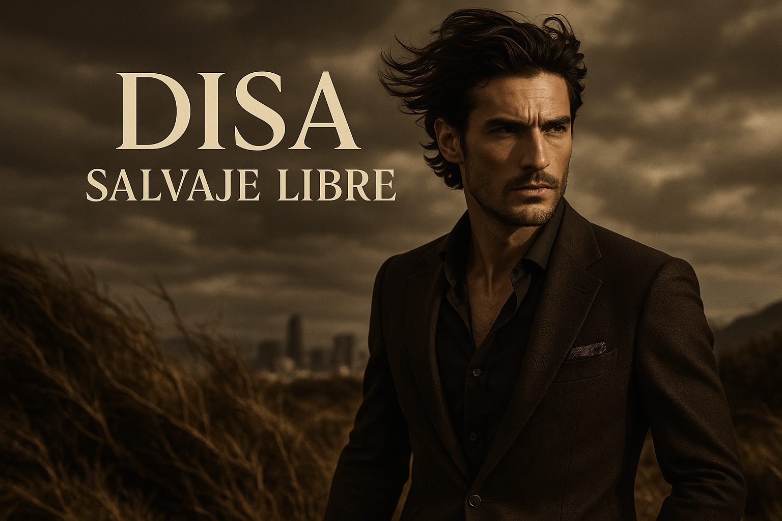 hombre elegante con instinto salvaje pero libre, texto DISA Salvaje LIbre