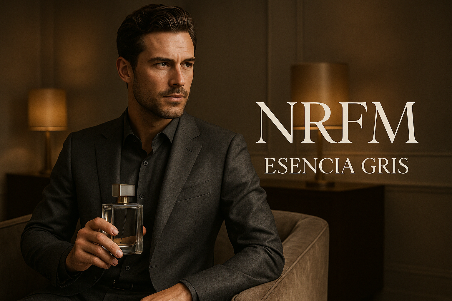 hombre elegante con ámbar gris, sofisticado y moderno, texto NRFM Esencia Gris