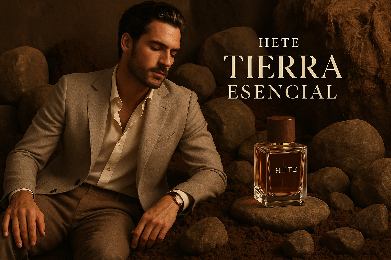 hombre elegante con tierra esencial de dia, con texto HETE Tierra Esencial