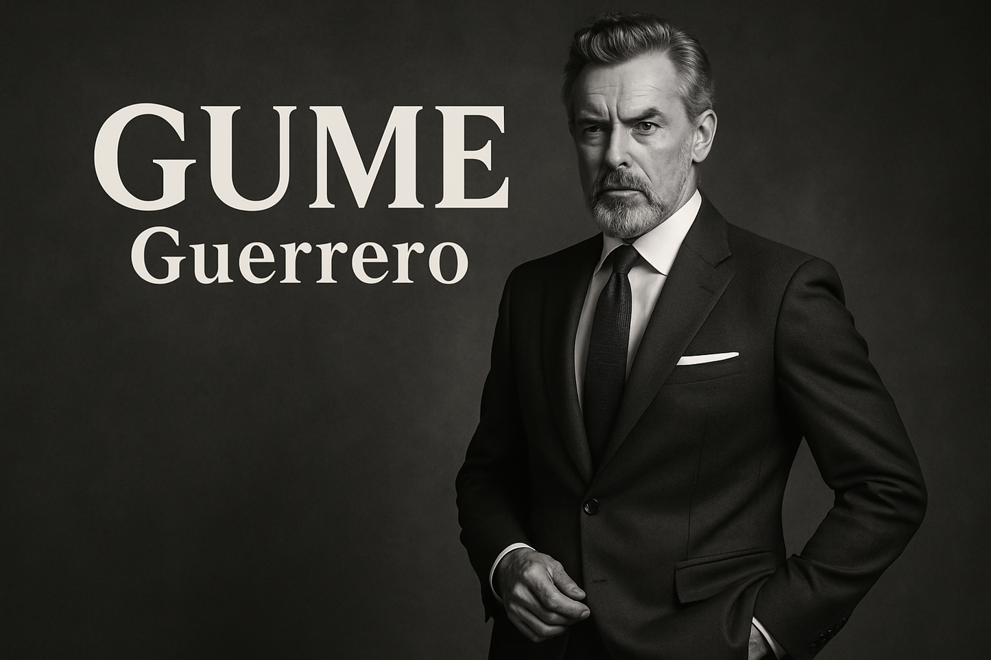 hombre elegante y clásico, con mucha personalidad, con texto GUME Guerrero