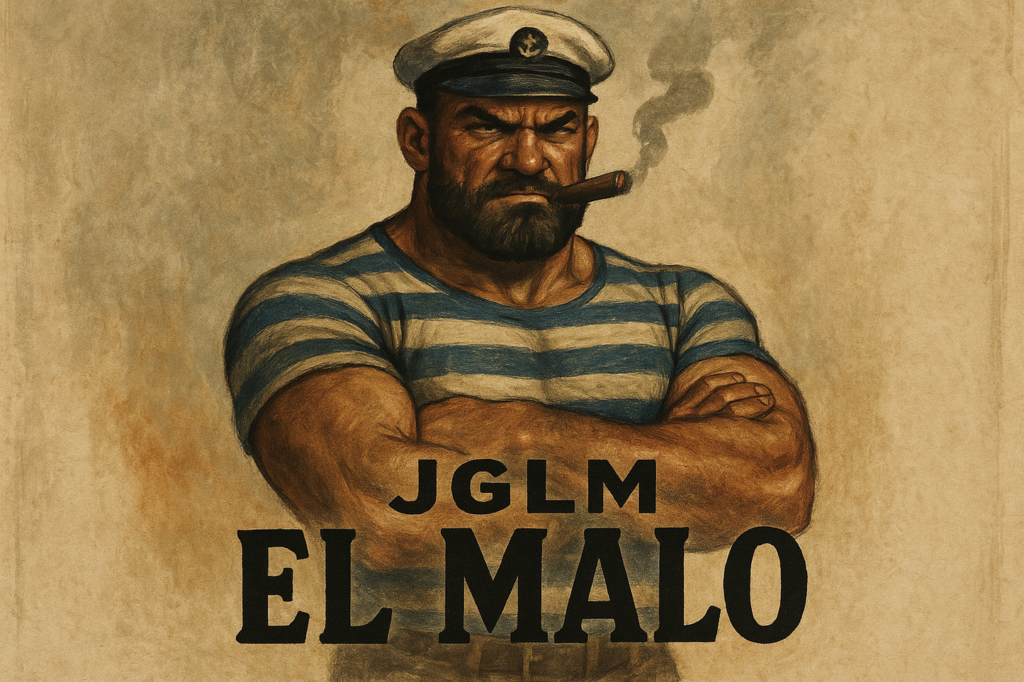hombre fuerte malote,vestido de marinero con camisa a rayas, text JGLM El Malo