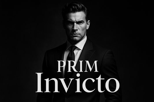 hombre invicto, fuerte, con caracter y elegancia, texto PRIM Invicto