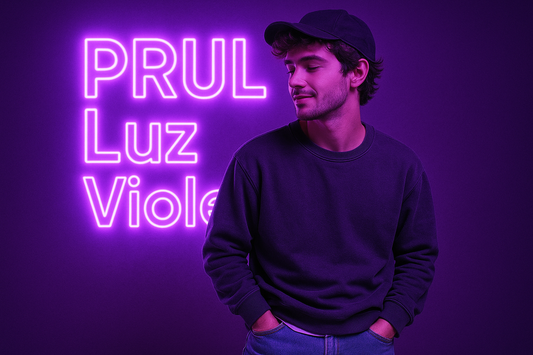 hombre joven con estilo desenfadado con luz ultravioleta de fondo, texto PRUL Luz Violeta
