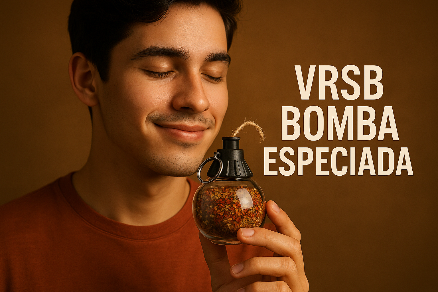 hombre joven con una bomba casera de especias, texto VRSB Bomba Especiada