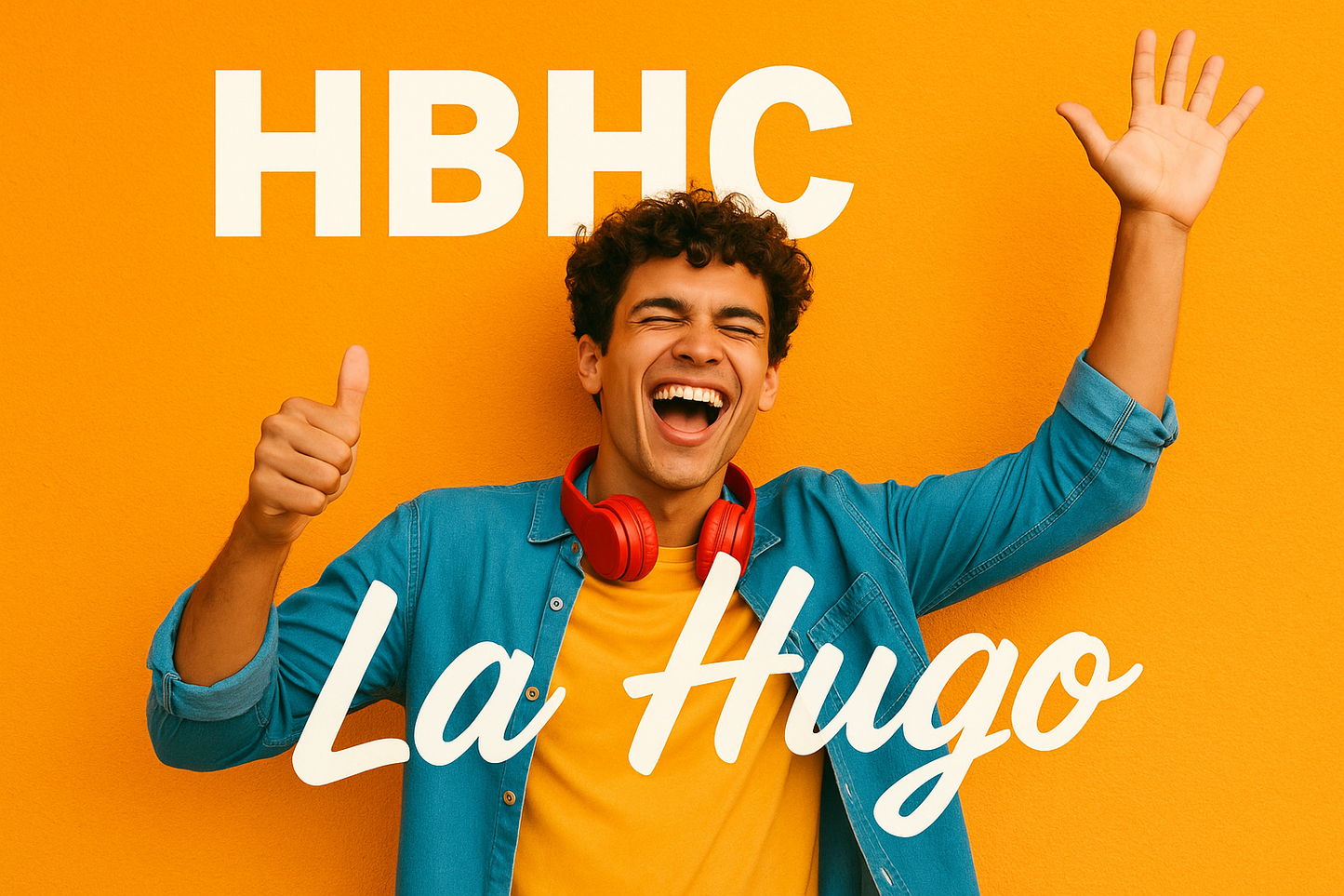 hombre joven, juvenil, con ganas de pasárselo bien y disfrutar de la vida, Con texto HBHC. La Hugo