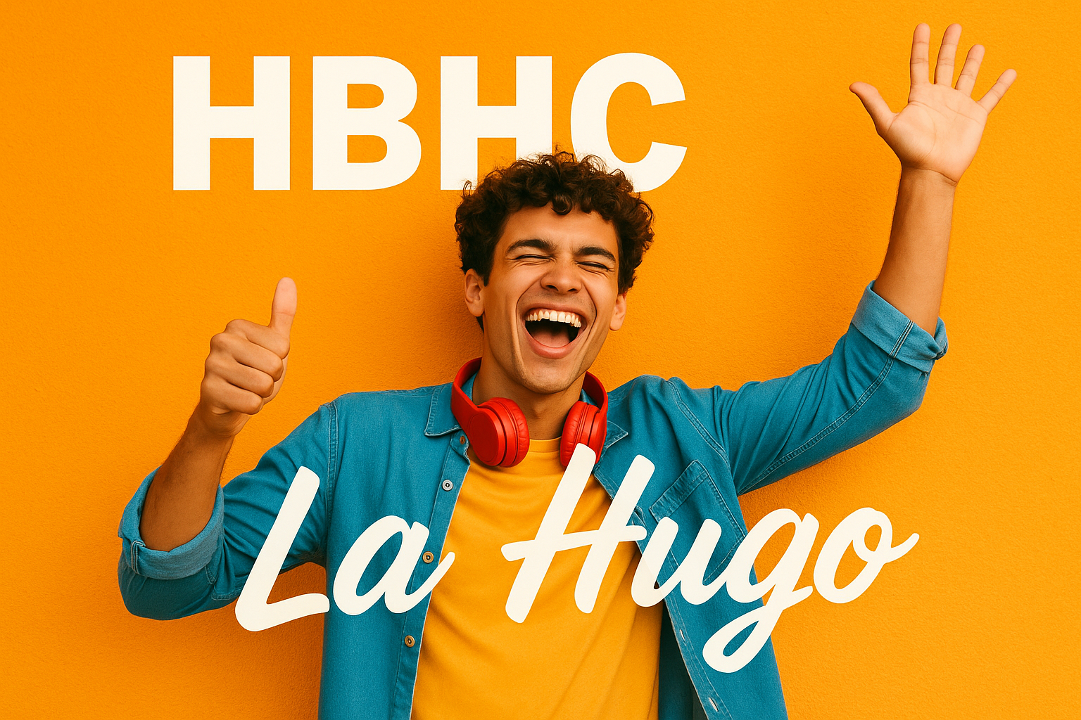 hombre joven, juvenil, con ganas de pasárselo bien y disfrutar de la vida, Con texto HBHC. La Hugo