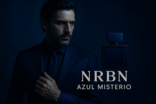 hombre misterioso, azul profundo, elegante, texto NRBN Azul Misterio