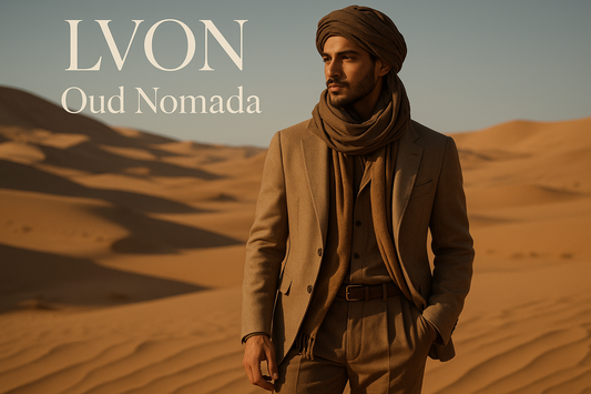 hombre moderno nómada con estilo, texto LVON Oud Nomada