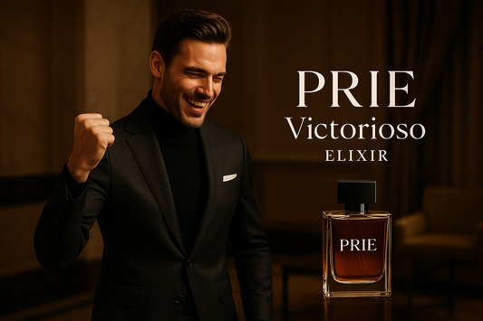 hombre victorioso, con éxito,elgante y moderno con texto PRIE Victorioso Elixir