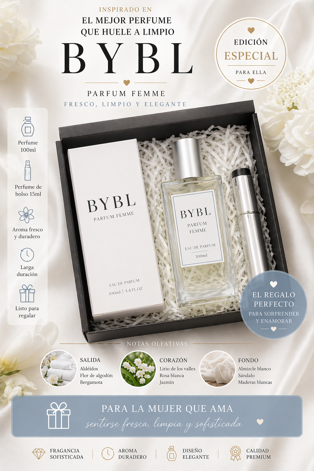 Perfume Mujer BYBL 100ml + Perfume de bolso 15ml | Aroma limpio y elegante