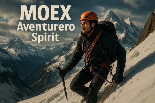 un hombre explorador subiendo el Montblanc con texto que diga MOEX Aventurero Spirit