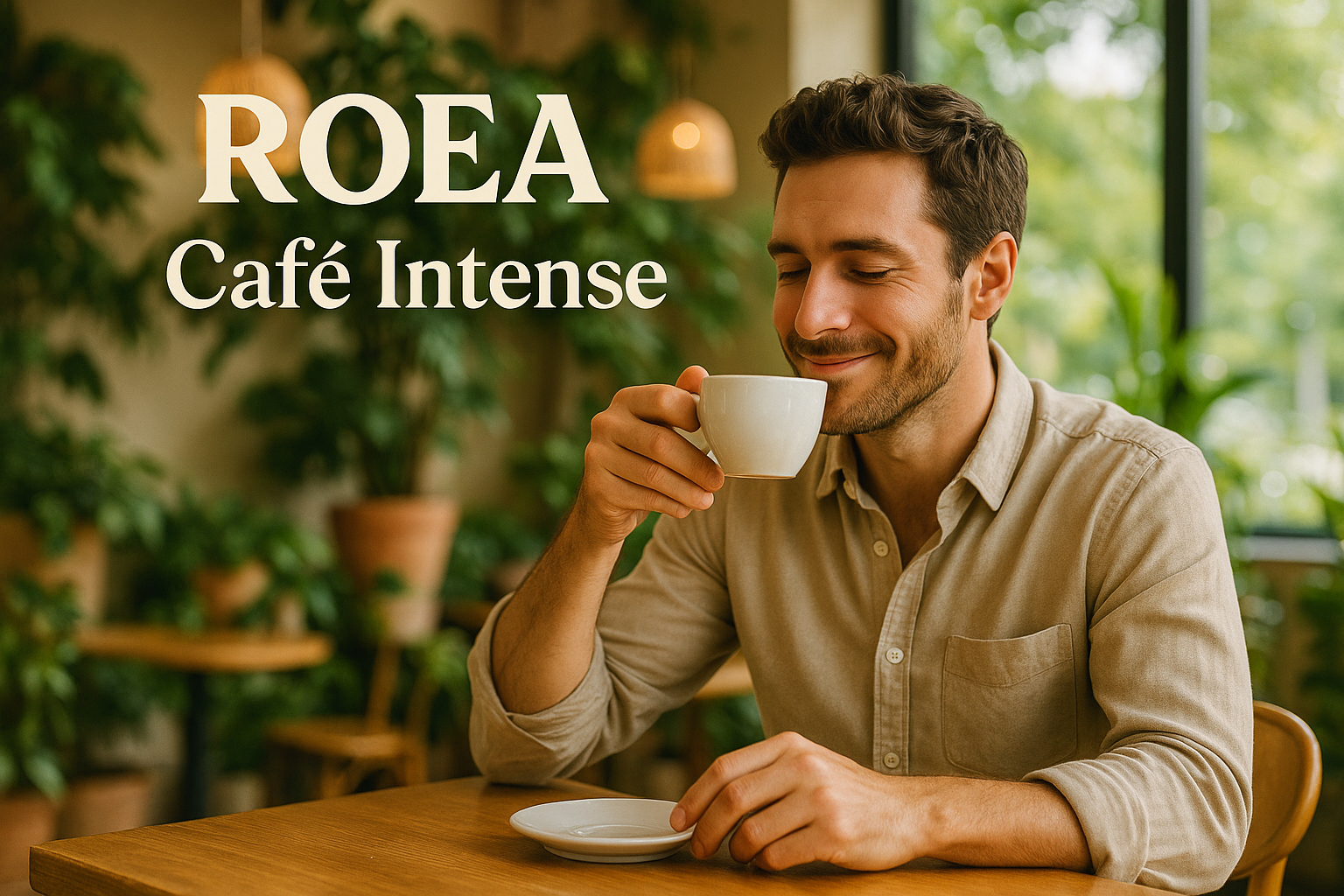 un hombre tomando cafe en un lugar fresco, que de titulo ponga ROEA Café Intense